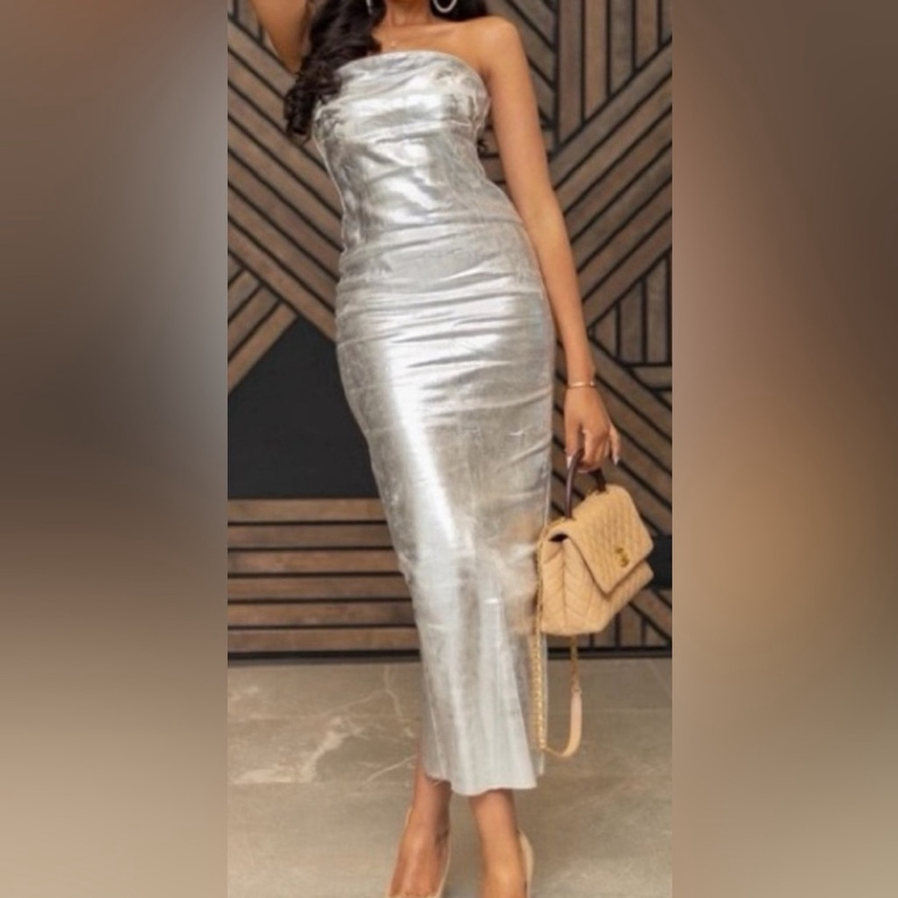 NEW Zara ZW Metallic Dress fitted body con silver denim style viral holidays USS